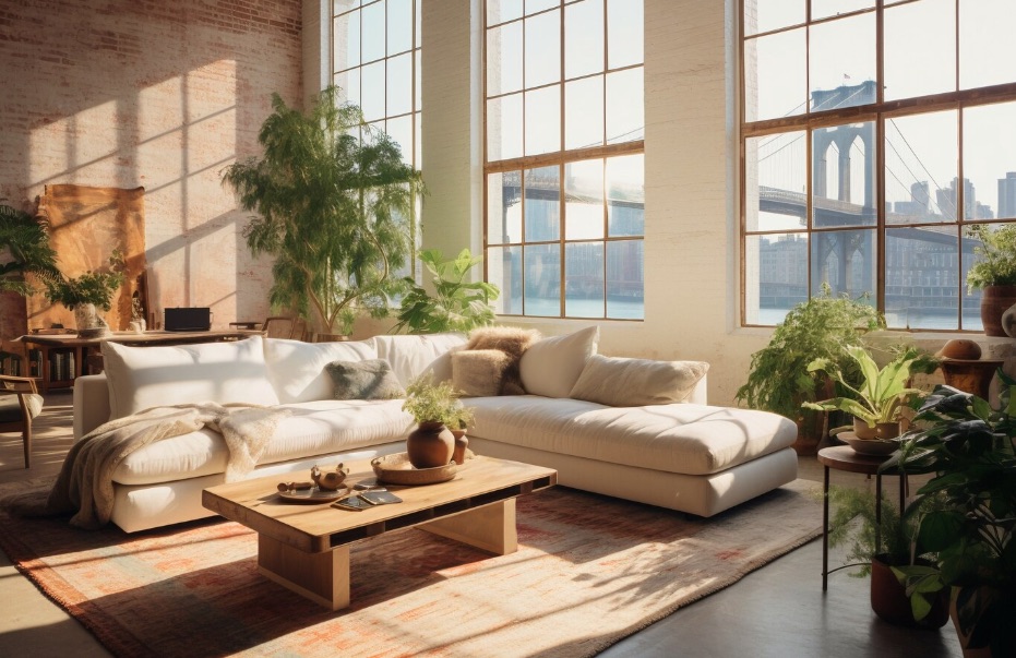 Soggiorno intelligente con luce naturale e sistema AI